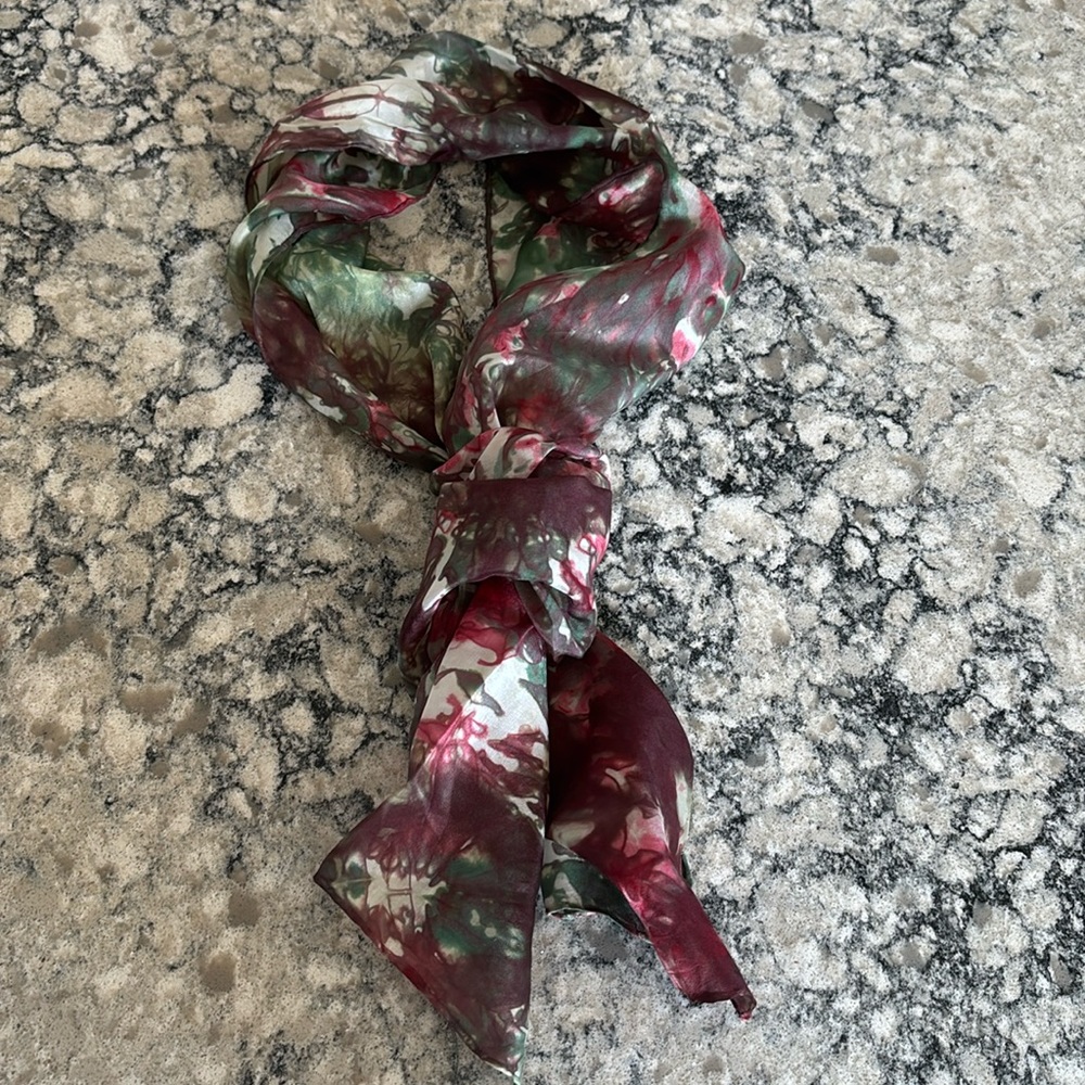 Vintage abstract Women’s scarf 100% silk colours wine, Green & burgundy 52”x8”